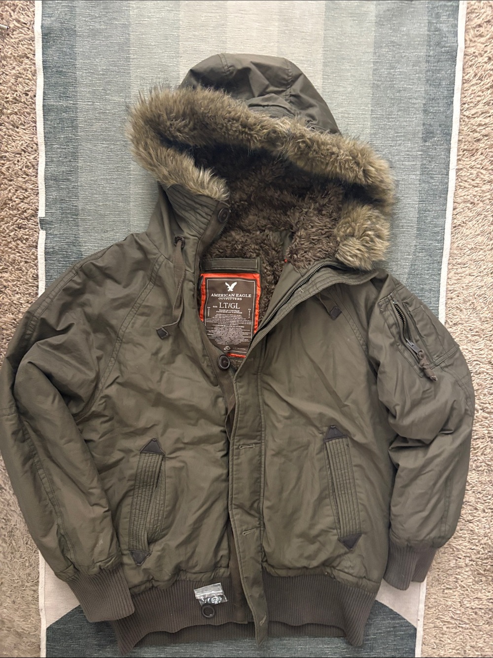 American Eagle Green y2k Hooded Fur-Trim Field Jacket like new 🌲🦅